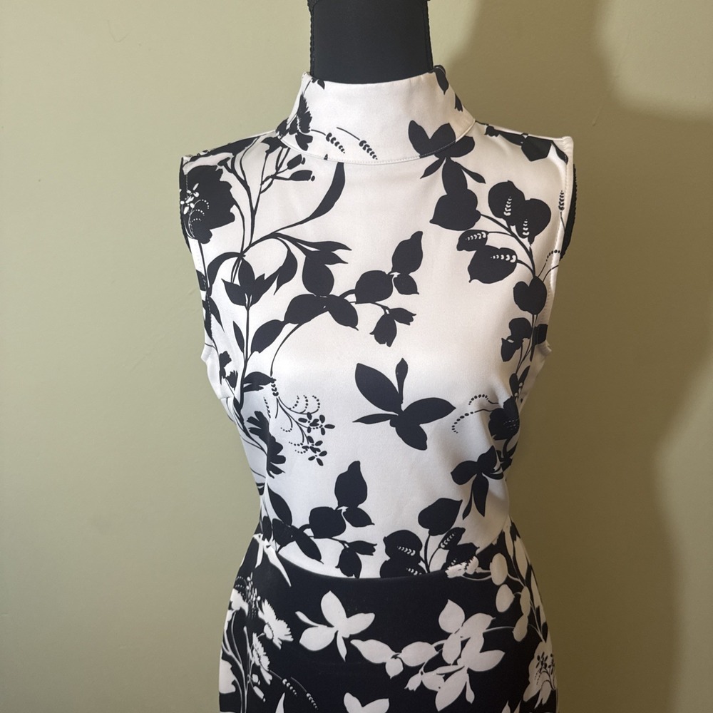 Black And White Dress Floral Print Sleeveless Midi Stretch High Neck Small - Picture 2 of 8